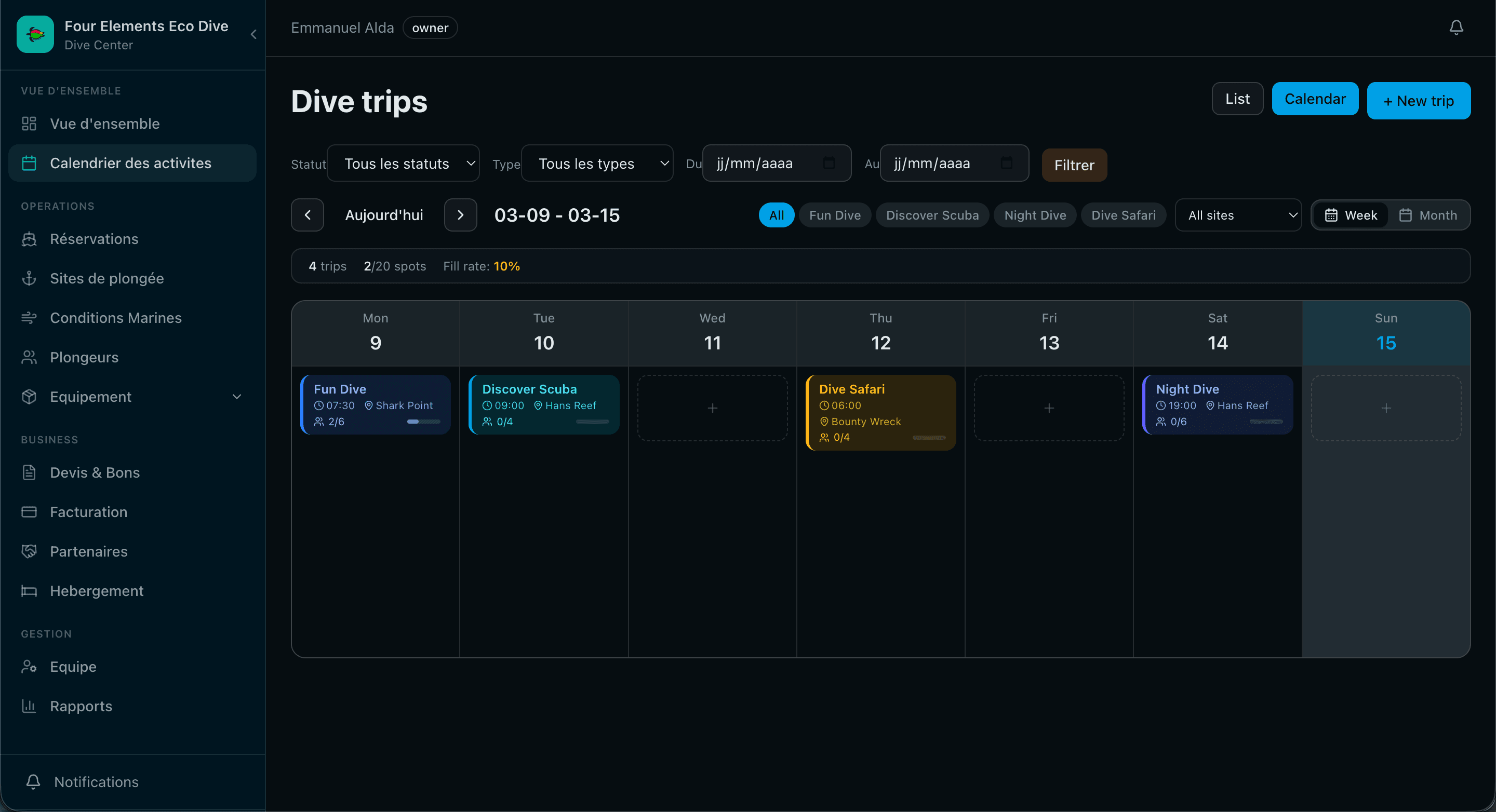 Panel de DivePlanner Pro — Calendario de actividades con salidas programadas
